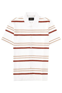 BOSS men’s polo pitti white short-sleeved shirt with rust and beige horizontal stripes and button-down front