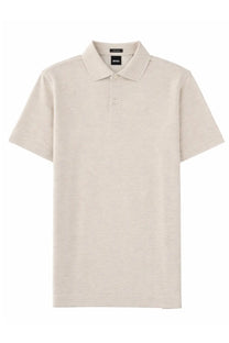 Beige short-sleeved polo shirt with classic collar and button placket featuring boss label at neckline