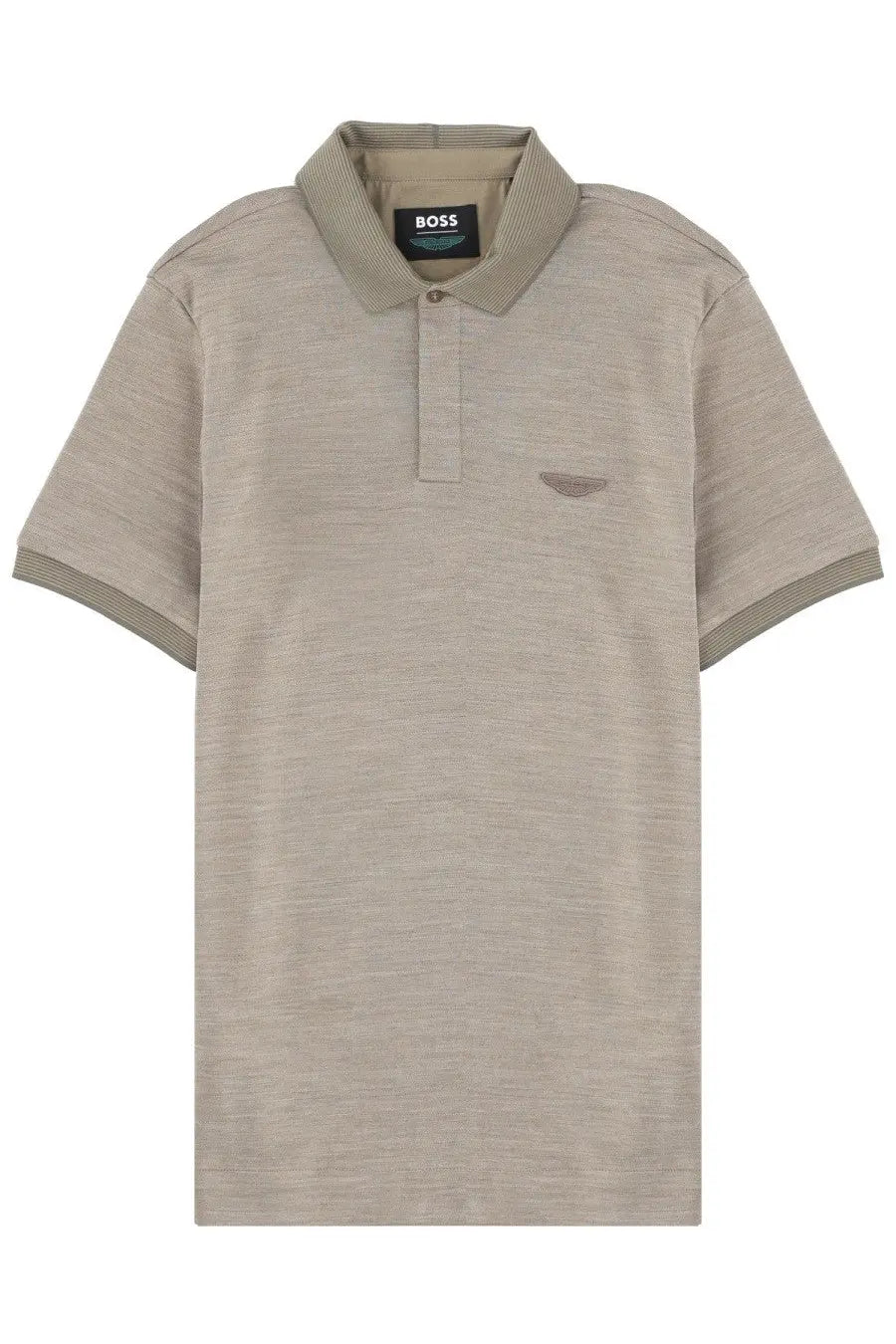Beige textured boss men’s polo shirt with ribbed collar and cuffs featuring a subtle chest embroidered logo