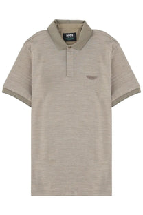 Beige textured boss men’s polo shirt with ribbed collar and cuffs featuring a subtle chest embroidered logo