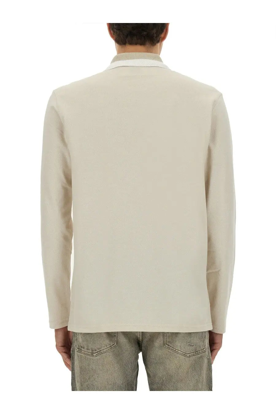 BOSS men’s beige long-sleeved polo shirt with contrasting light-colored collar in peoxford fabric