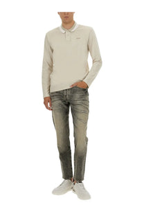 BOSS men’s beige long-sleeved polo shirt in peoxford material with subtle logo on the chest