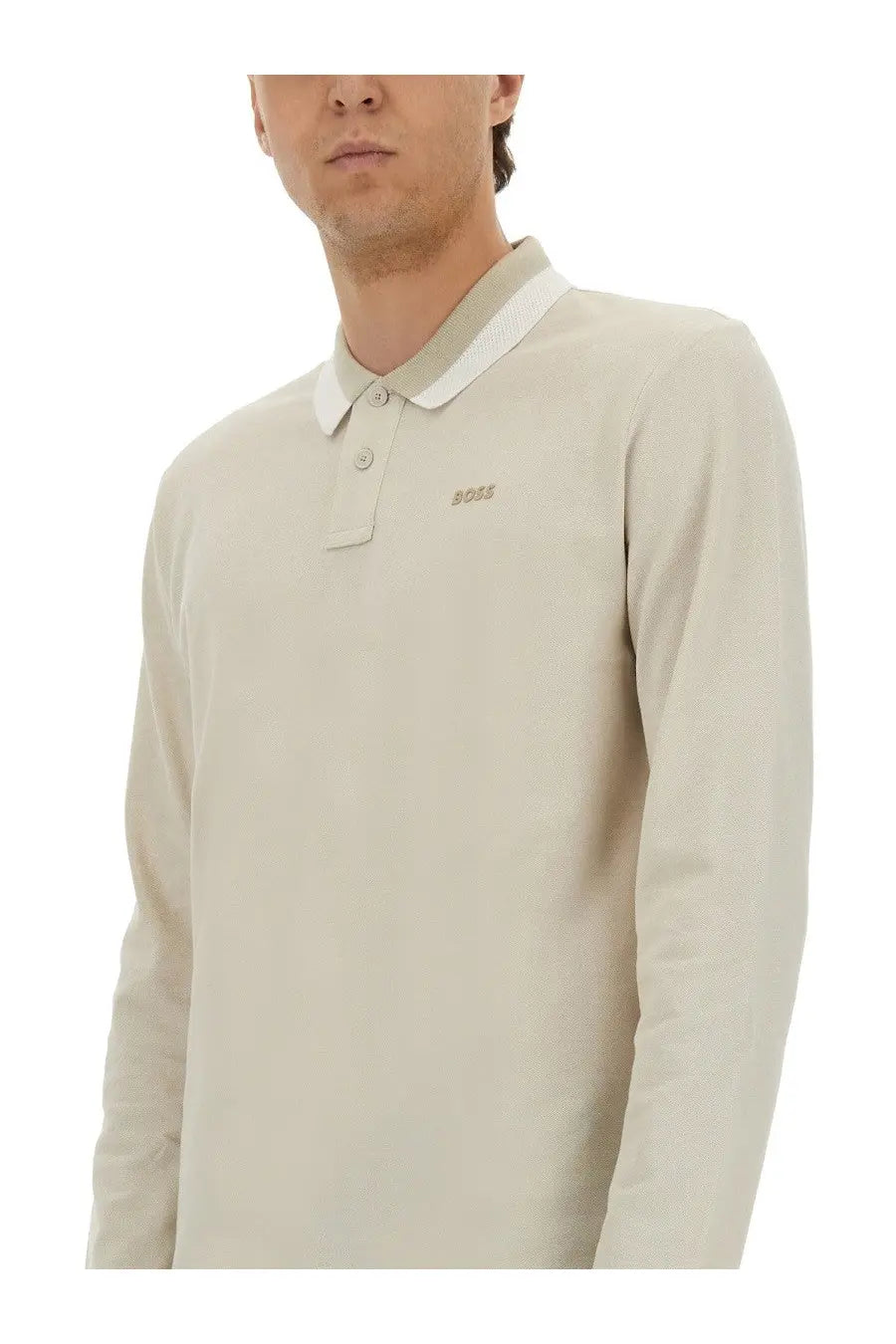 BOSS men’s beige long-sleeved peoxford polo shirt with white collar and subtle chest logo embroidery