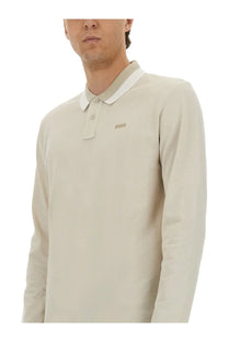 BOSS men’s beige long-sleeved peoxford polo shirt with white collar and subtle chest logo embroidery