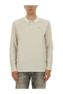 BOSS men’s beige long-sleeved polo shirt with white collar and subtle boss embroidery on chest in peoxford fabric