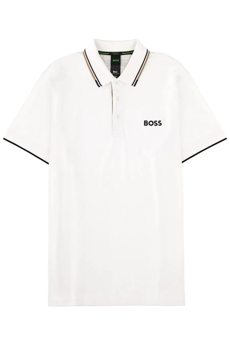 BOSS men’s polo white shirt with black trim on collar and sleeves featuring subtle embroidered logo on chest