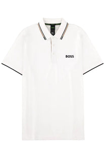 BOSS men’s polo white shirt with black trim on collar and sleeves featuring subtle embroidered logo on chest