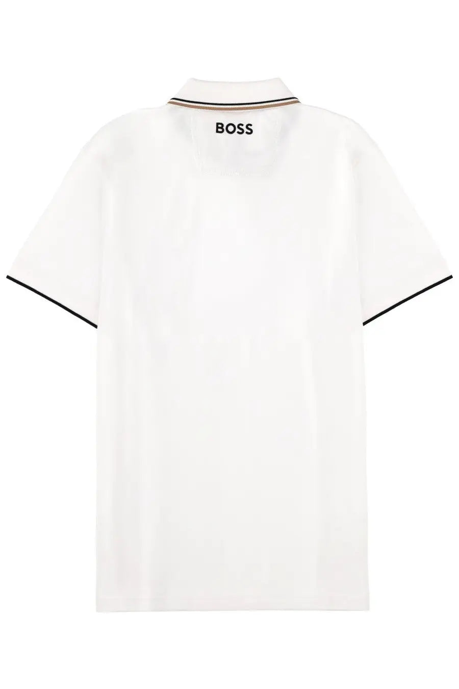 BOSS men’s white polo shirt with black trim on collar and sleeves made from breathable cotton blend