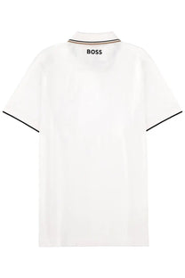 BOSS men’s white polo shirt with black trim on collar and sleeves made from breathable cotton blend