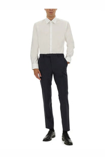 A crisp white BOSS men’s poplin shirt with a classic collar and button-down front paired with navy trousers