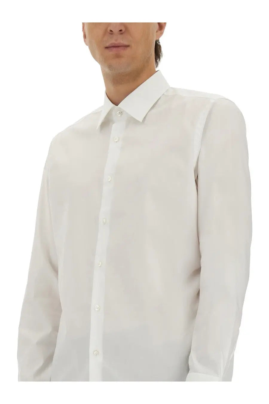A crisp white boss men’s poplin shirt with a classic collar and button-down front long sleeves