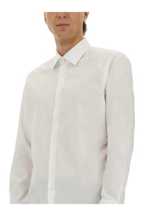 A crisp white boss men’s poplin shirt with a classic collar and button-down front long sleeves