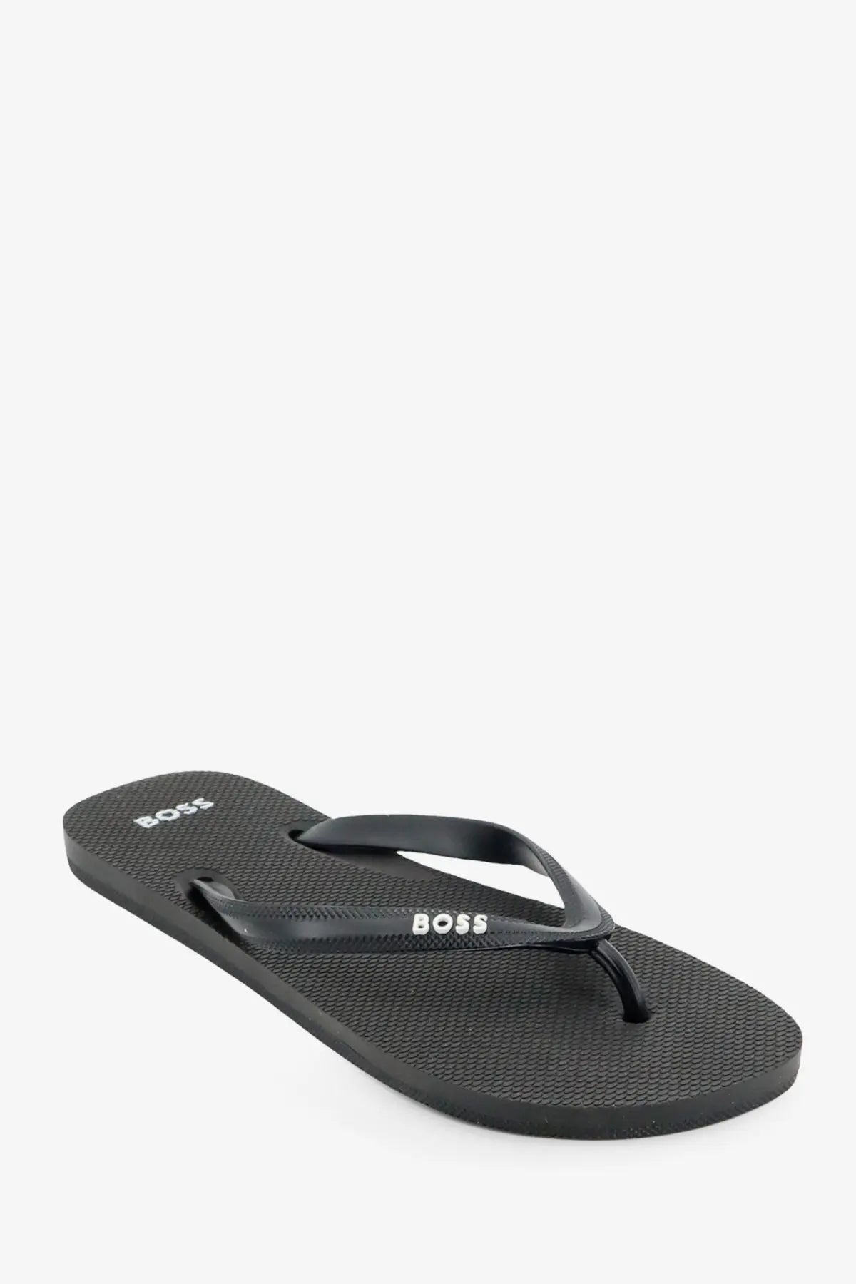 BOSS men’s black rubber flip-flop sandals with textured sole and logo branding for casual wear