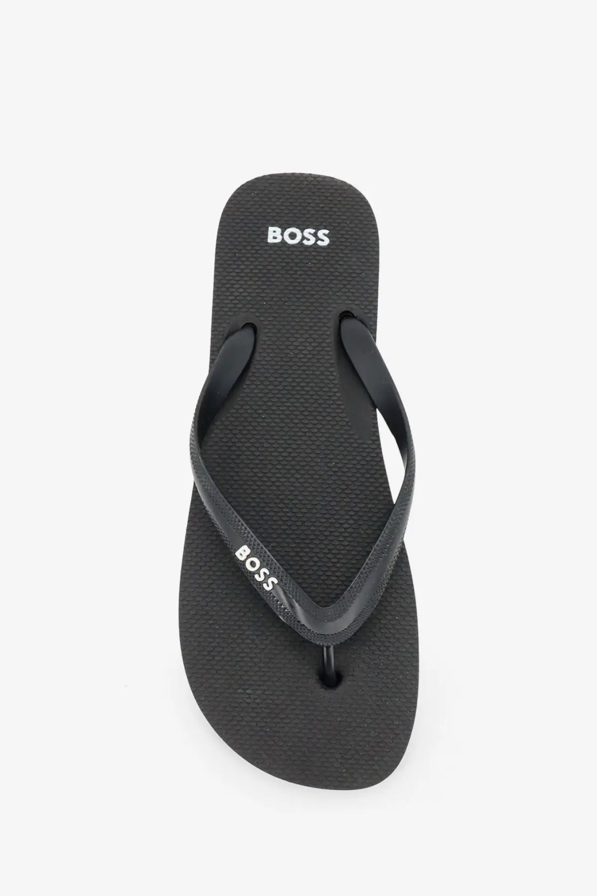 BOSS men’s black rubber flip-flops with textured sole and matching straps featuring the brand logo in white