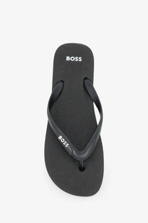 BOSS men’s black rubber flip-flops with textured sole and matching straps featuring the brand logo in white