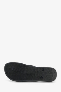 BOSS men’s black rubber flip flop sandal with textured sole featuring repeating letter patterns and heel indentations