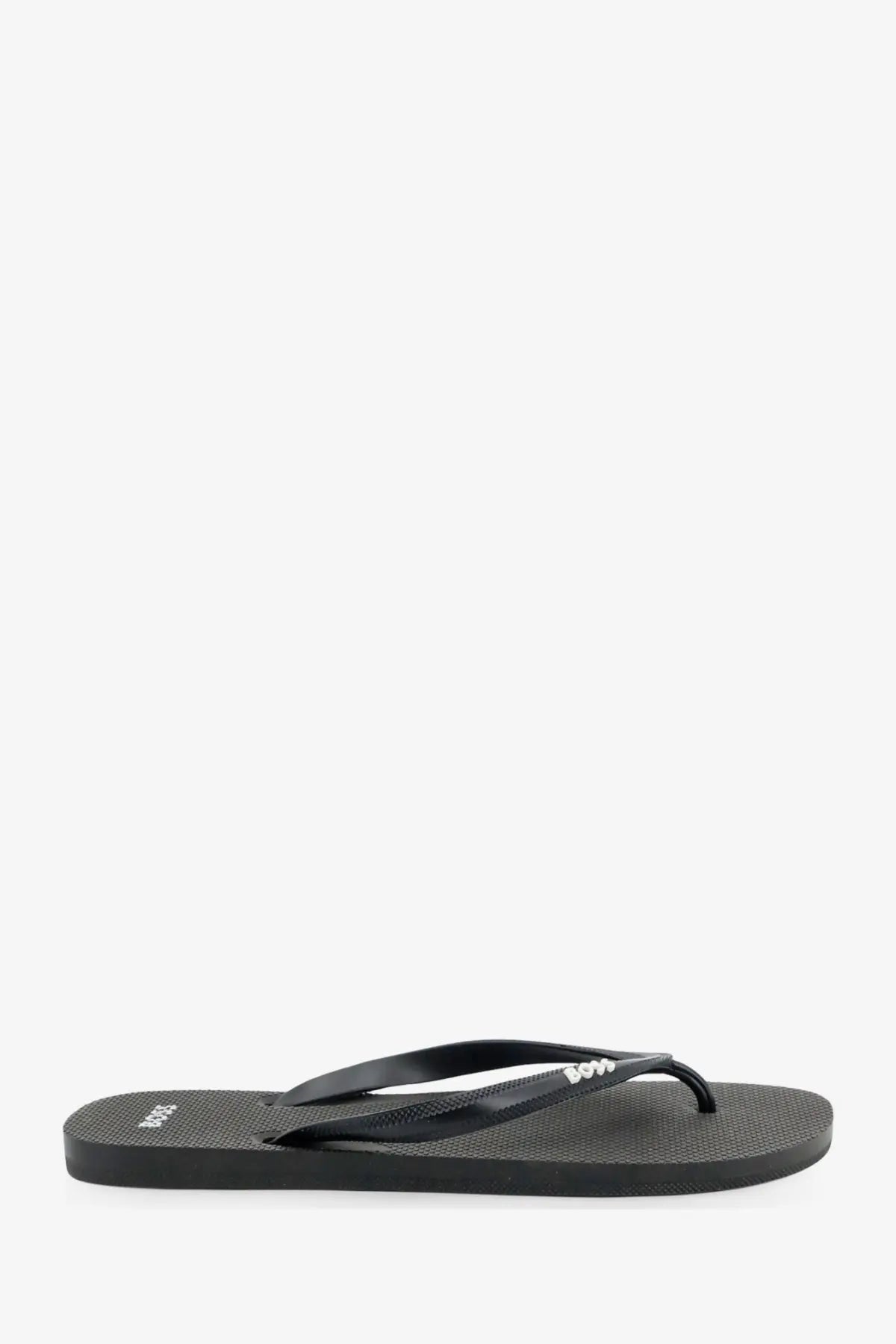 BOSS men’s black rubber flip flop sandal with textured sole and subtle white logo on the strap