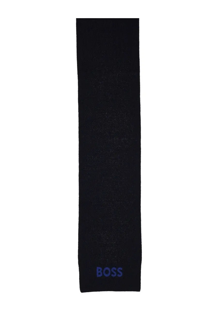 BOSS men’s scarf Elios blue black knitted with subtle textured weave and blue boss logo embroidered at the bottom