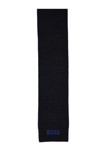 BOSS men’s scarf Elios blue black knitted with subtle textured weave and blue boss logo embroidered at the bottom