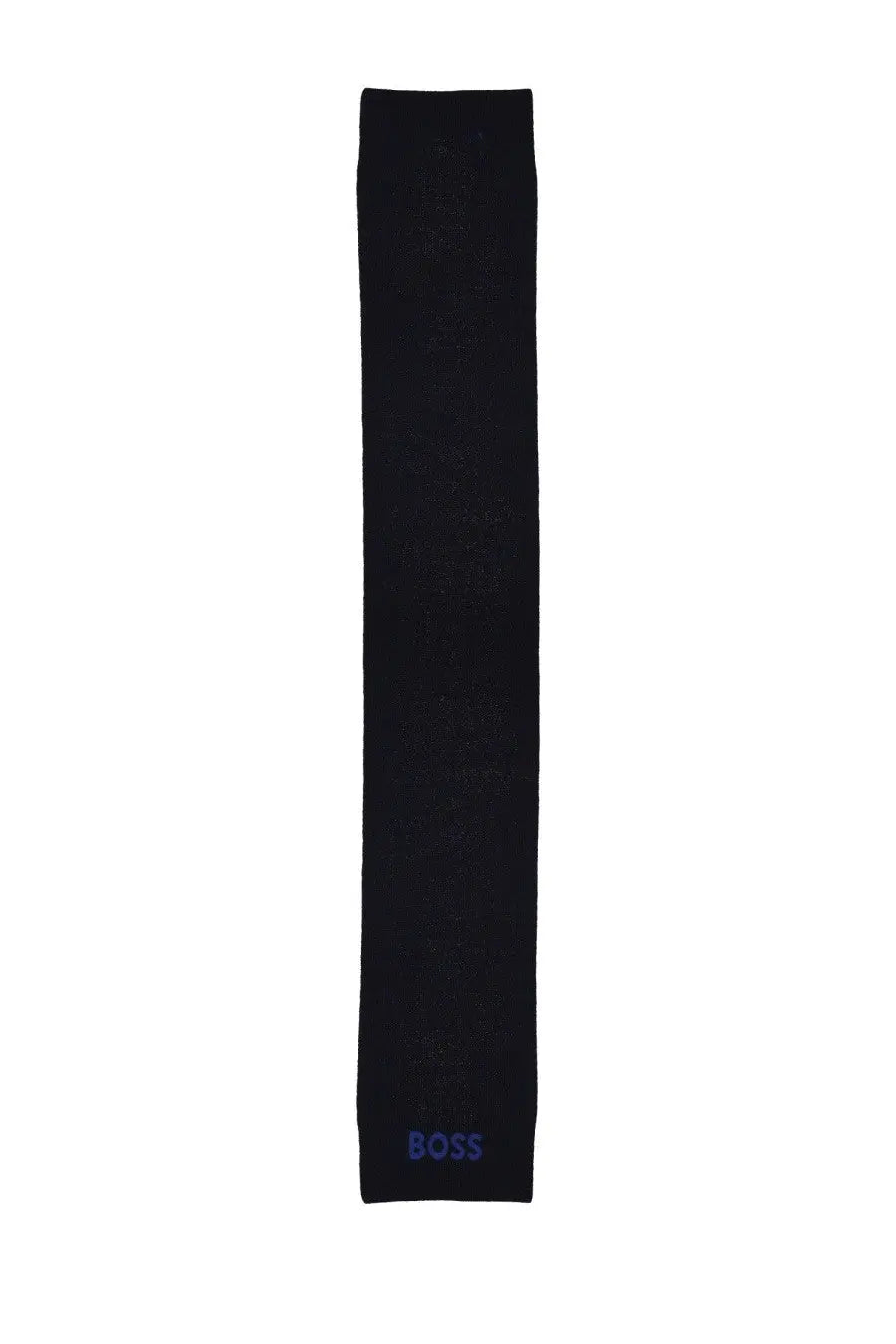 Black knitted BOSS men’s scarf Elios blue with subtle textured weave and navy blue boss logo embroidery at one end