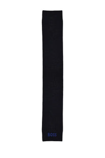 Black knitted BOSS men’s scarf Elios blue with subtle textured weave and navy blue boss logo embroidery at one end