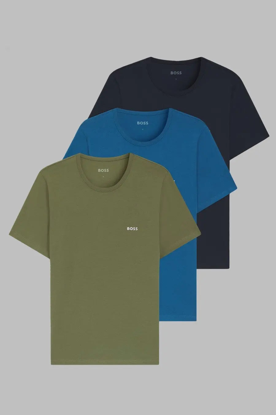 BOSS men’s set DA Tre short-sleeved t-shirts in olive green blue and navy cotton with white logo embroidery