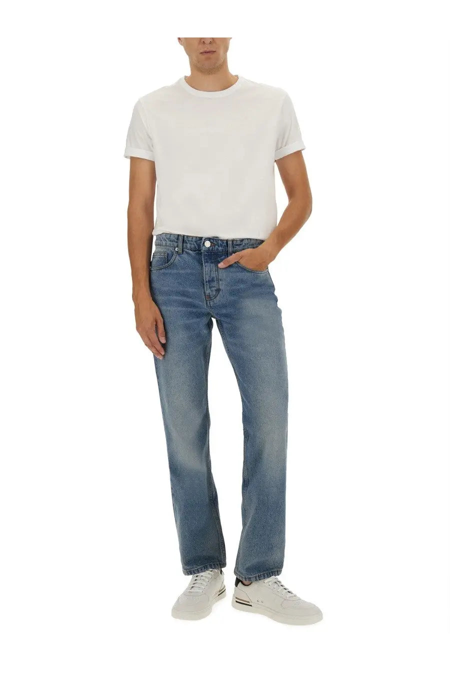 Blue denim jeans with classic straight-leg cut and faded wash paired with boss men’s white shirt beckham boss