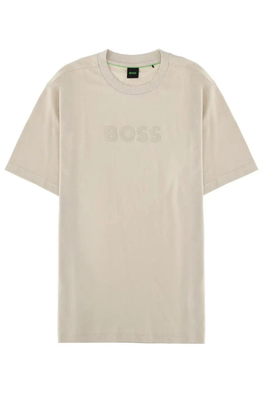 Beige boss men’s t-shirt featuring a subtle embossed logo on soft cotton fabric for casual wear
