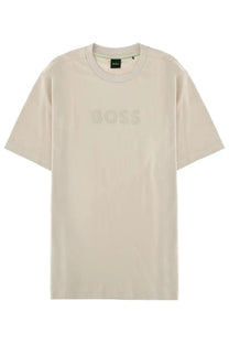 Beige boss men’s t-shirt featuring a subtle embossed logo on soft cotton fabric for casual wear