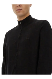 Black hugo zip-up jacket with high collar and subtle brand logo on the chest from boss mens shirt black collection