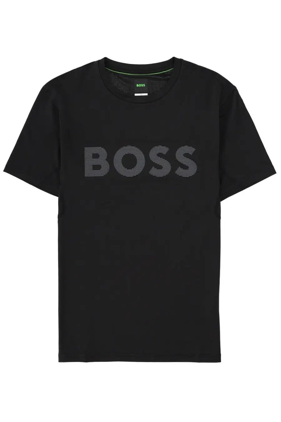 BOSS men’s black short-sleeved t-shirt with bold boss logo in subtle striped pattern across the chest