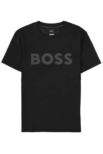 BOSS men’s black short-sleeved t-shirt with bold boss logo in subtle striped pattern across the chest