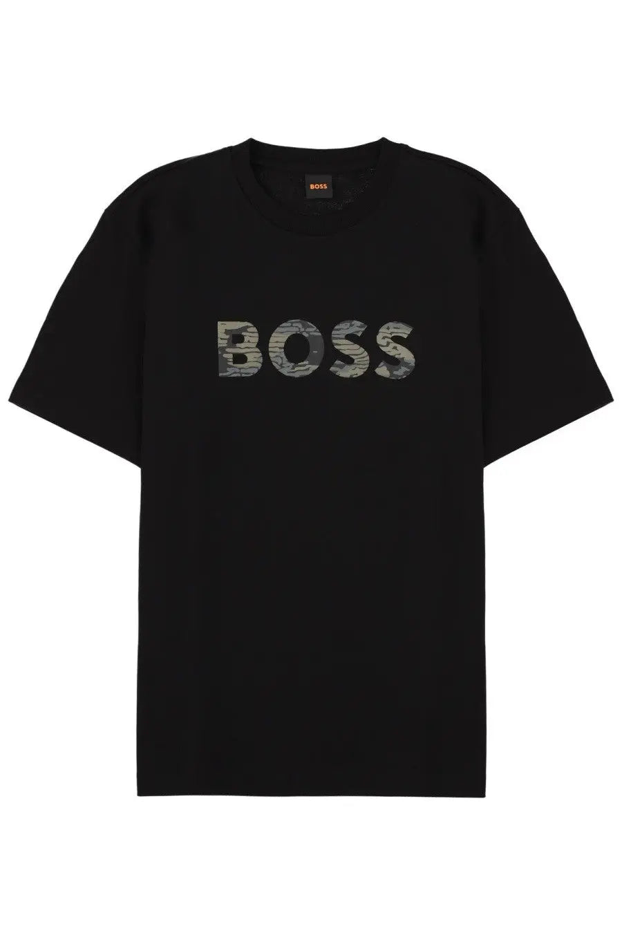 BOSS men’s black short-sleeved t-shirt with camouflage patterned boss logo across the chest