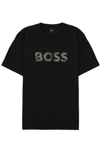 BOSS men’s black short-sleeved t-shirt with camouflage patterned boss logo across the chest