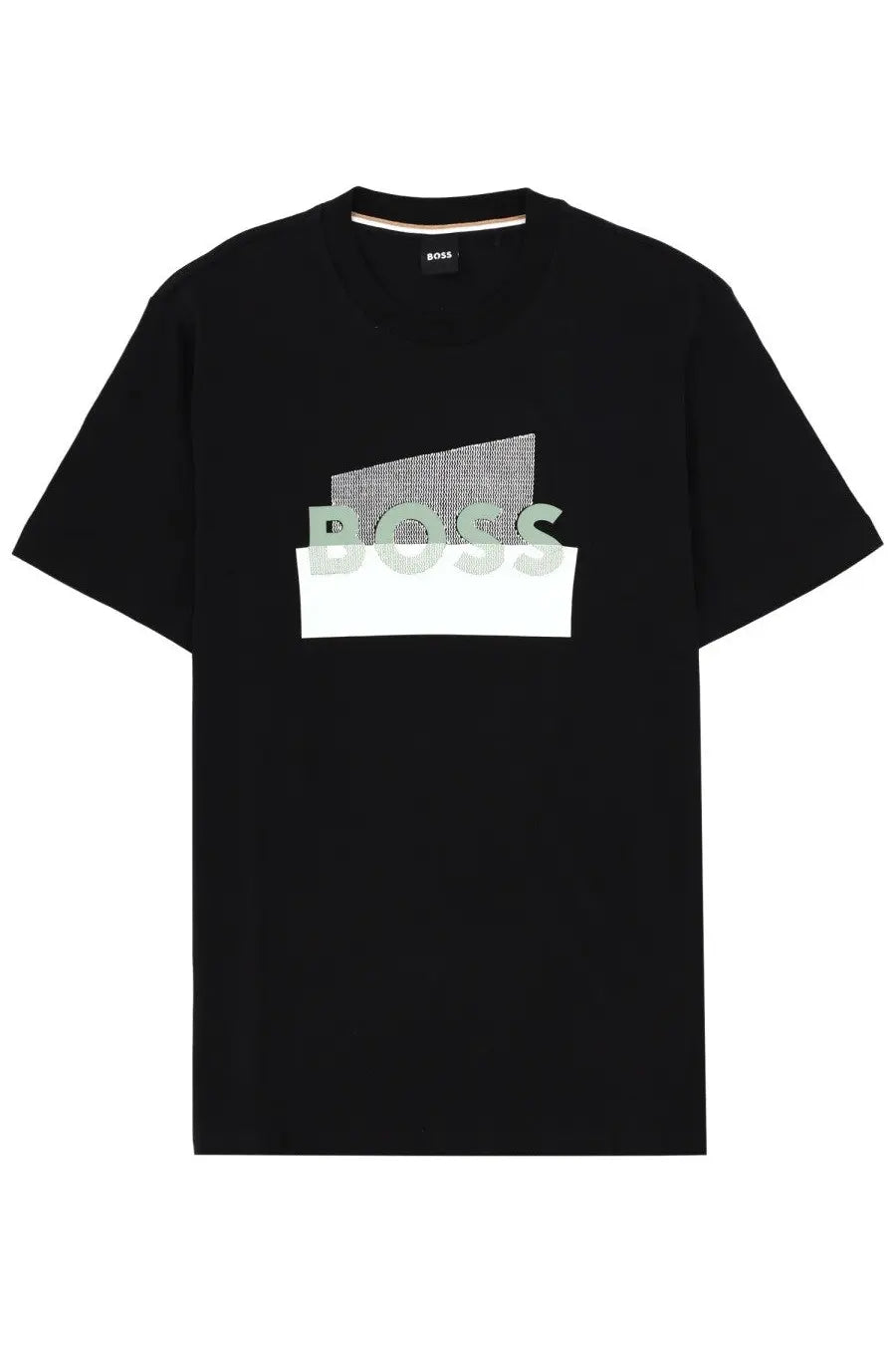 Black boss mens t-shirt with bold graphic logo in light gray and white on layered geometric shapes design