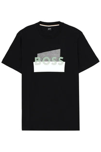 Black boss mens t-shirt with bold graphic logo in light gray and white on layered geometric shapes design