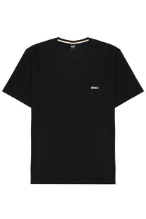 BOSS men’s black t-shirt with subtle white logo and beige trim on neckline for casual and stylish wear