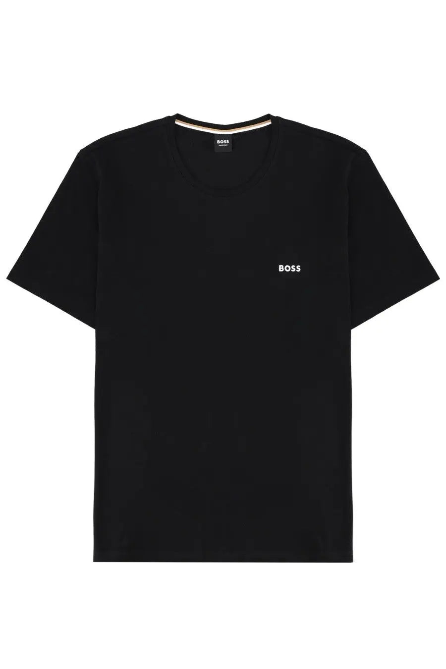 BOSS men’s black t-shirt with subtle white logo on chest and beige trim along the neckline