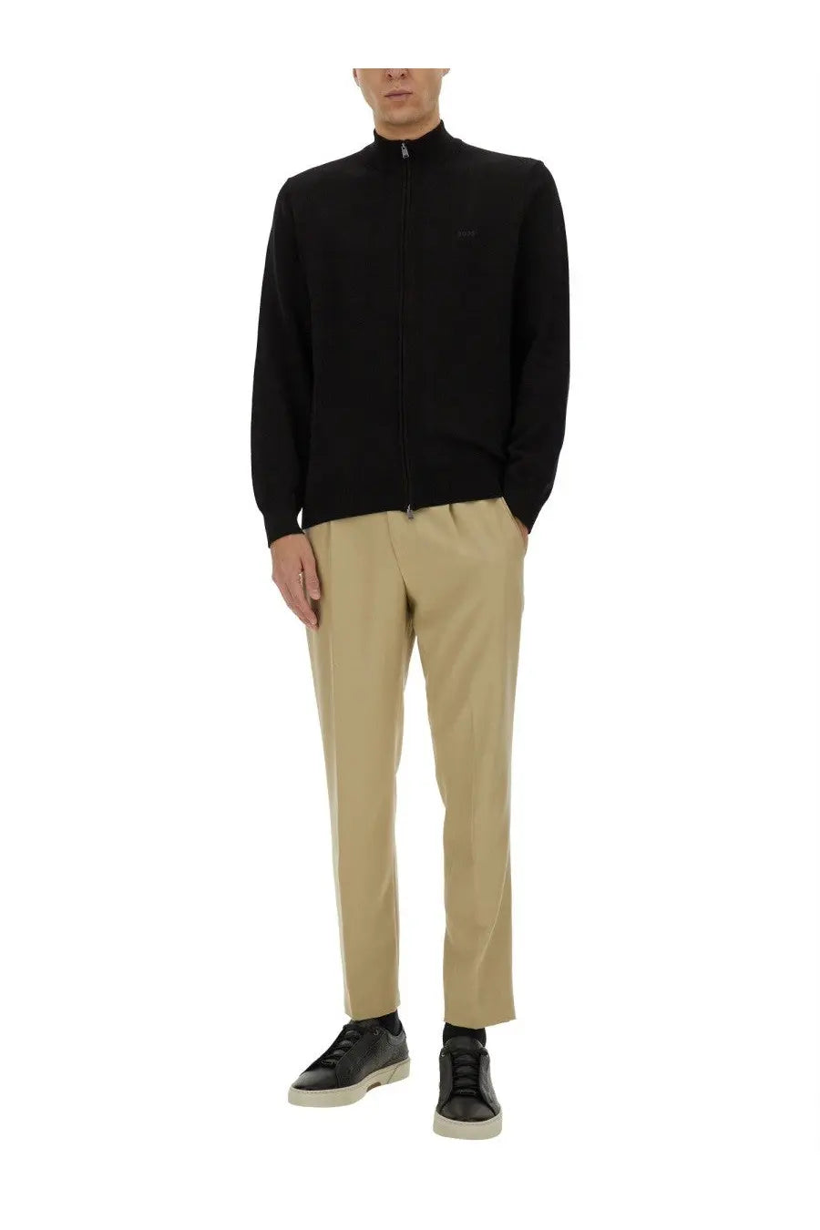 BOSS men’s black zip-up sweater with subtle textured knit and small embroidered logo on the left chest