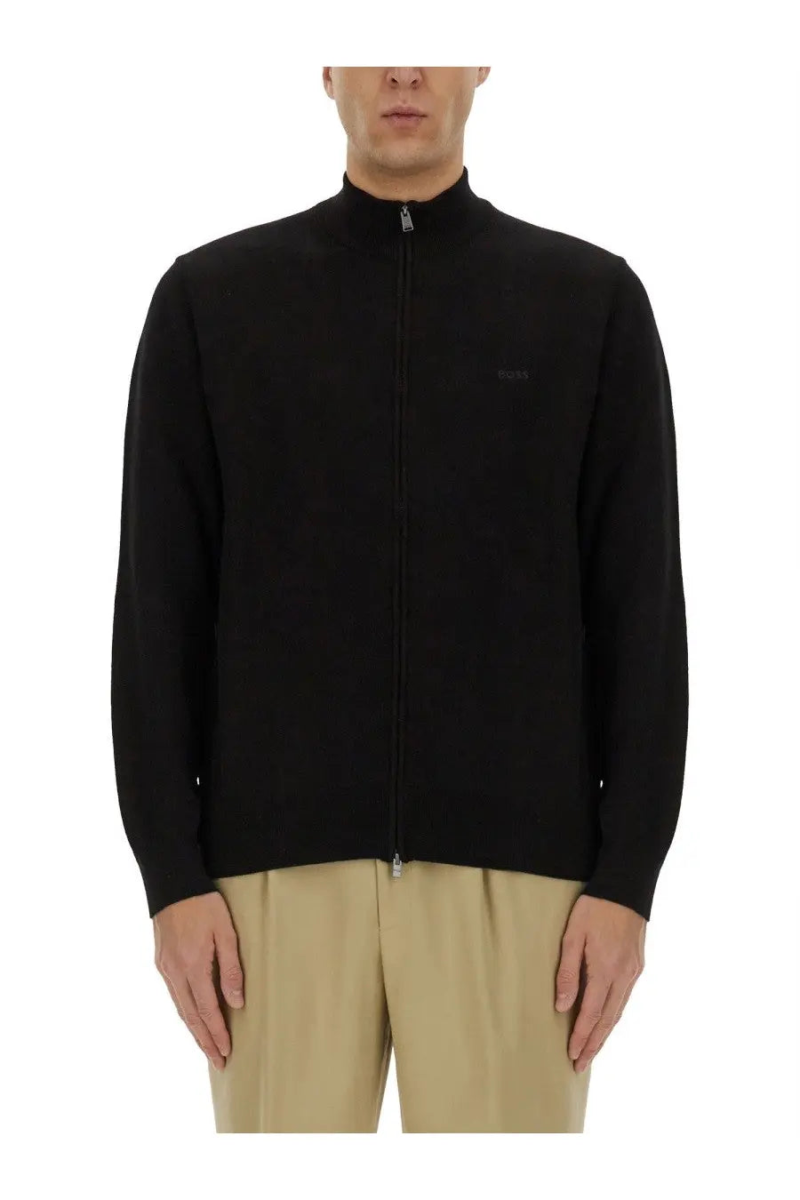 BOSS men’s black zip-up sweater with subtle textured knit and small embroidered logo on left chest