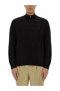 BOSS men’s black zip-up sweater with subtle textured knit and small embroidered logo on left chest