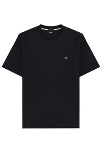 BOSS men’s black short-sleeved cotton t-shirt with crew neck and small embroidered logo on the left chest
