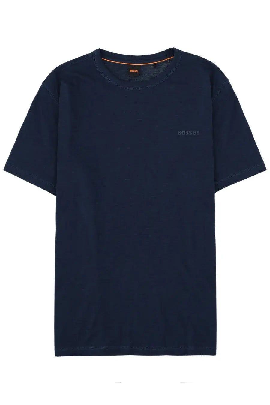 BOSS men’s dark navy blue short-sleeved cotton t-shirt with subtle boss logo and orange inner collar tag