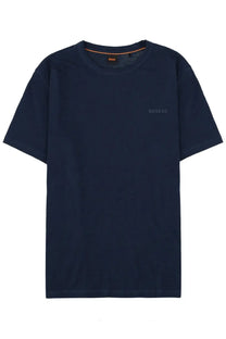 BOSS men’s dark navy blue short-sleeved cotton t-shirt with subtle boss logo and orange inner collar tag