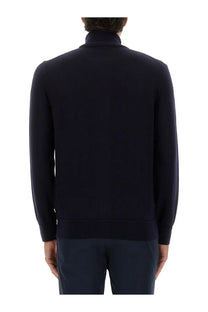 Boss men’s dark navy blue turtleneck sweater with ribbed cuffs and hem in soft knit fabric