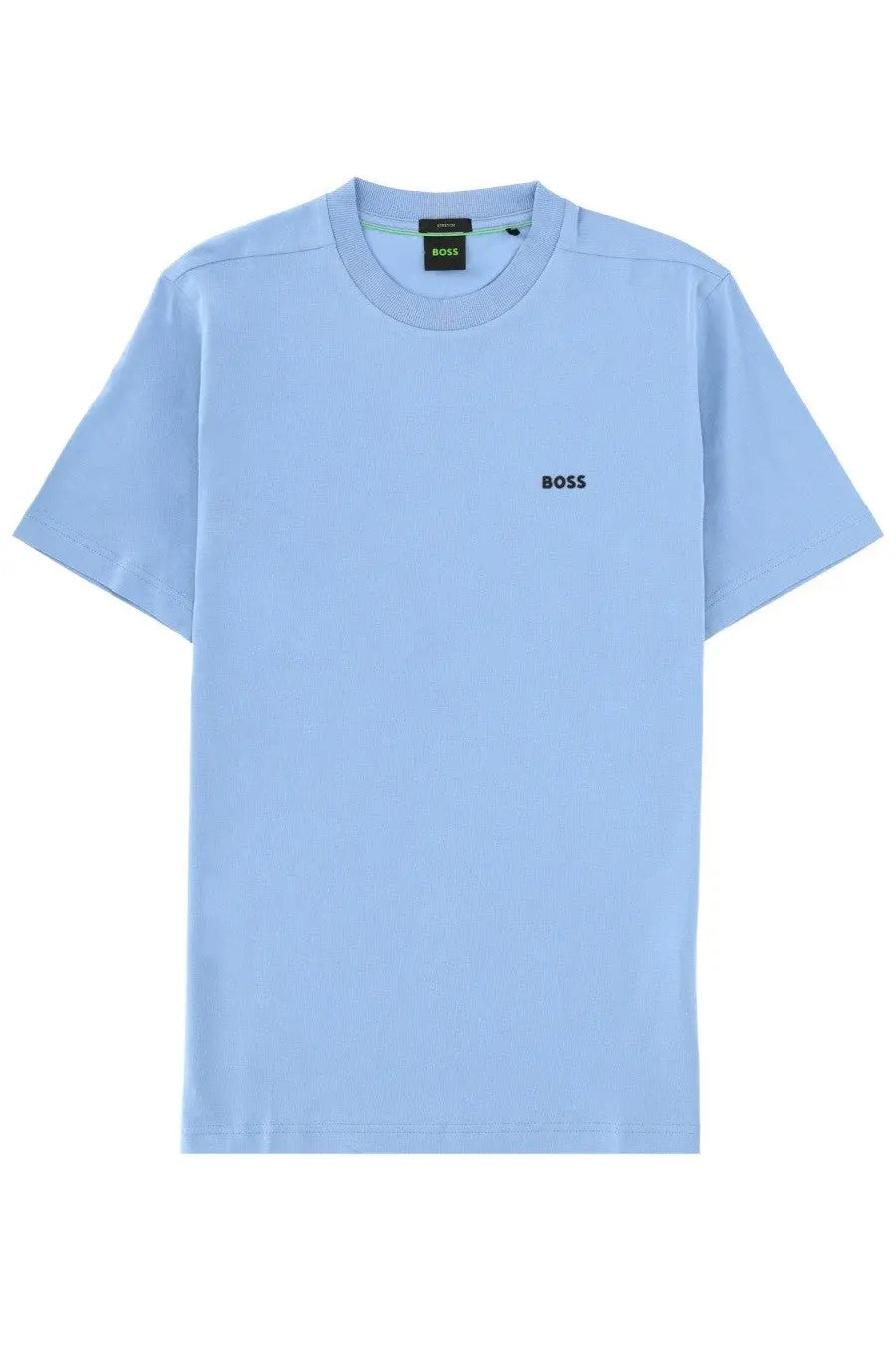 Light blue BOSS men’s short-sleeved t-shirt with subtle black logo embroidery on the chest