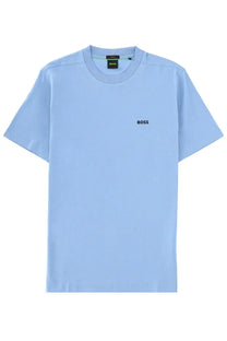 Light blue BOSS men’s short-sleeved t-shirt with subtle black logo embroidery on the chest