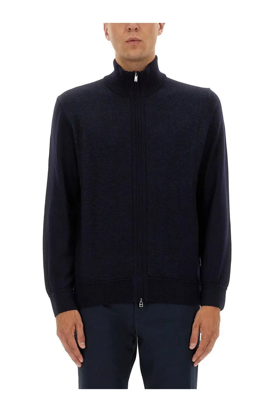 Boss men’s shirt blue navy blue zip-up knit jacket with ribbed cuffs and hem in soft knit fabric