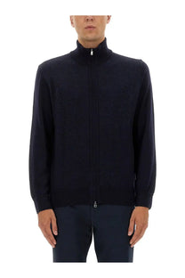 Boss men’s shirt blue navy blue zip-up knit jacket with ribbed cuffs and hem in soft knit fabric