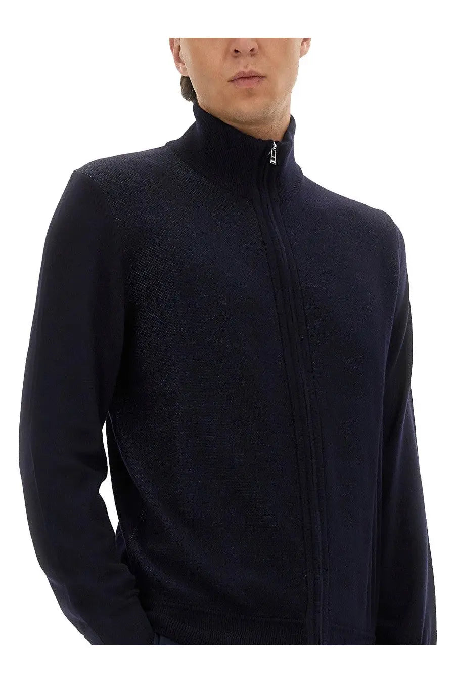 Navy blue BOSS men’s shirt with textured knit zip-up sweater and ribbed cuffs in comfortable fabric